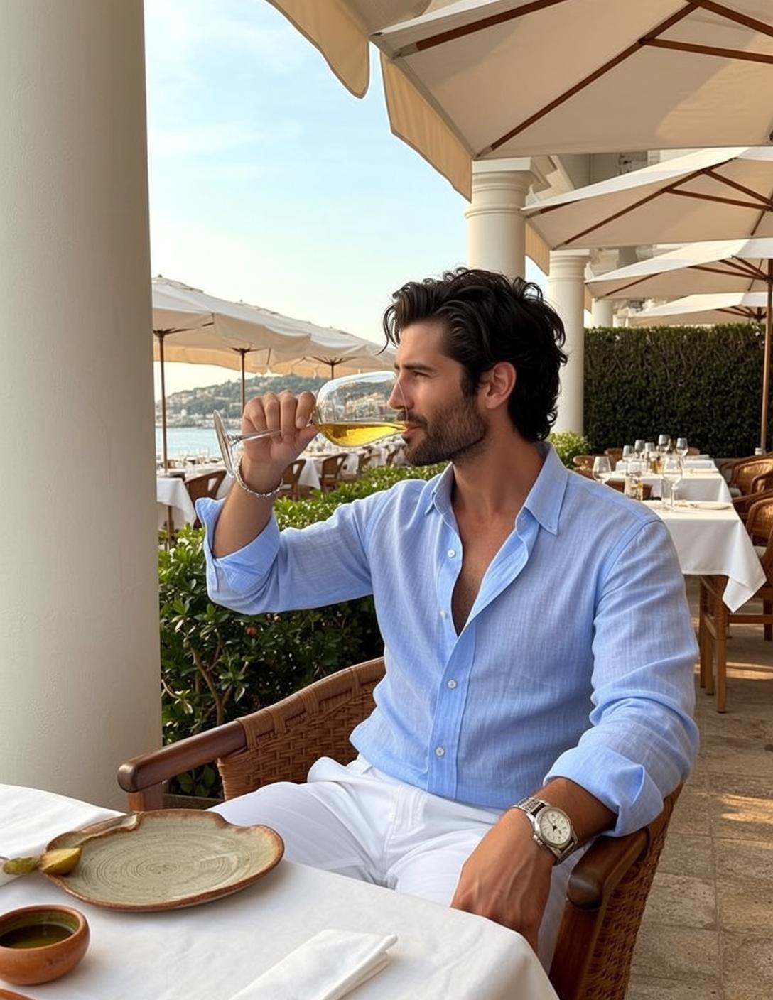 Dark Wavy Tanned Light Blue Linen Shirt
