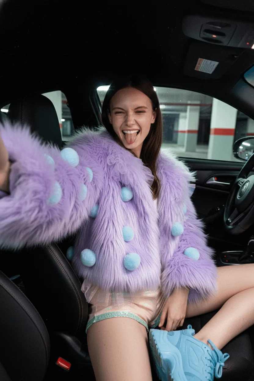 Sports Car Interior Selfie Blue Sneakers Cheeky Grin