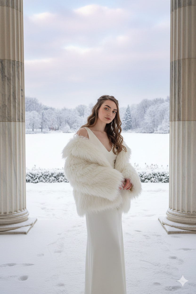 Elegant woman in luxurious winter attire poses in a snowy neoclassical setting, showcasing an oversized faux-fur coat and sleek dress.