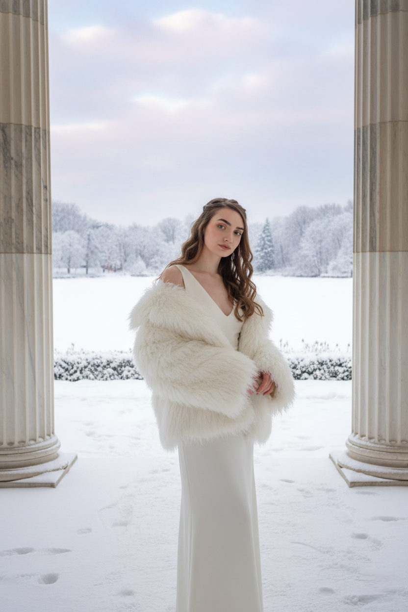 Elegant woman in luxurious winter attire poses in a snowy neoclassical setting, showcasing an oversized faux-fur coat and sleek dress.