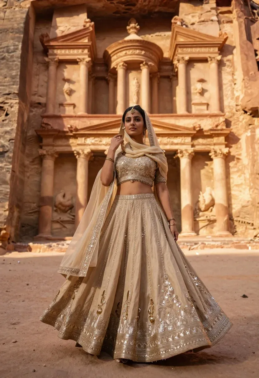 Woman Stands Flowing Beige Lehenga Against The Backdrop Ancient Carved