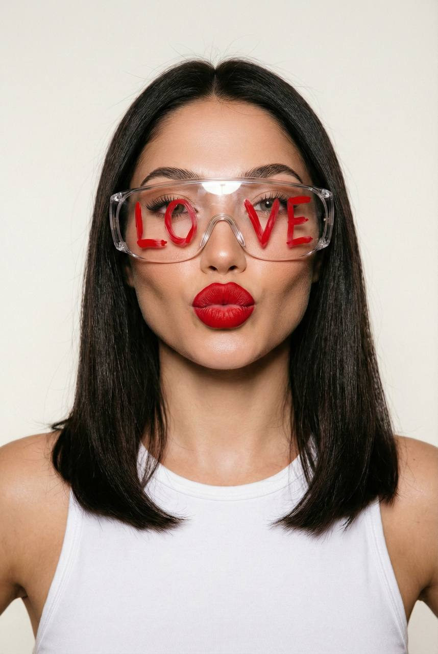 A woman with bold red lipstick and transparent glasses inscribed with 'LOVE', striking a playful pose