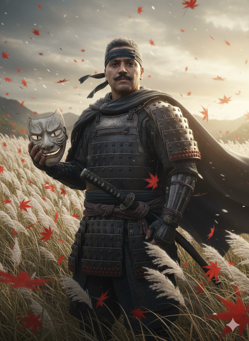 A samurai in dark armor stands among white grass, with red maple leaves swirling around him, holding a mask and katana.