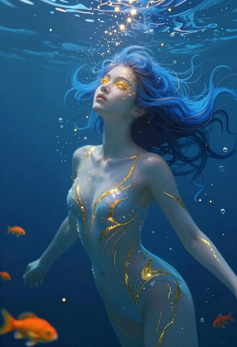 Digital Art Ethereal Underwater Woman With Glowing Golden Eyes And reference photo