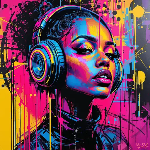 Portrait of a woman with large headphones, surrounded by neon street art in vibrant pink, blue, and yellow hues.