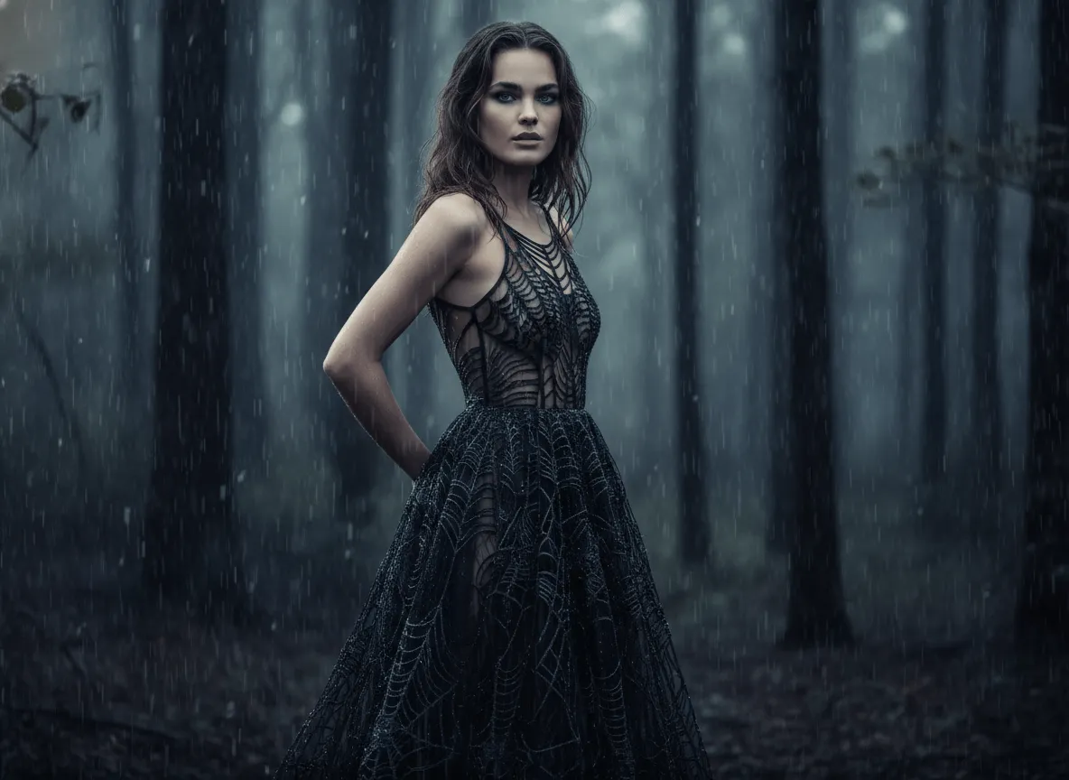 Cinematic Medium Standing In Dark Misty Pine Forest During Rainstorm