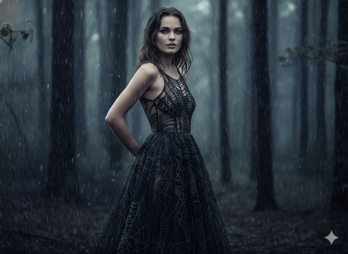 Cinematic Medium Standing In Dark Misty Pine Forest During Rainstorm