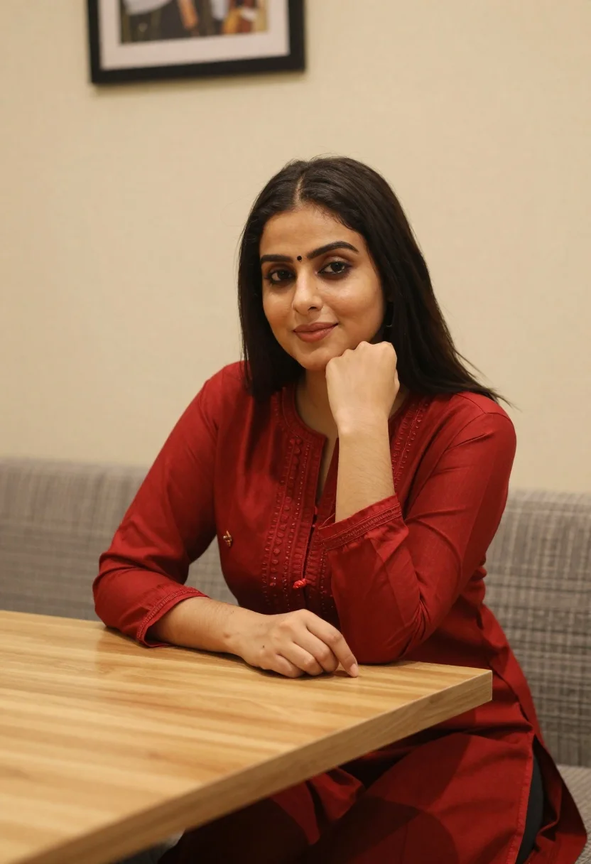 Woman With Long Dark Hair And Bindi Sits Wooden Table reference photo