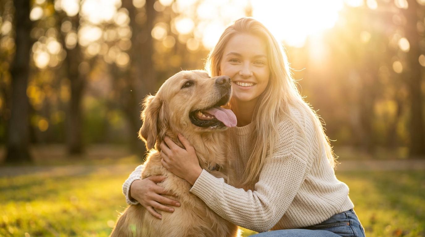 Golden Hour Park With Woman And Golden Retriever