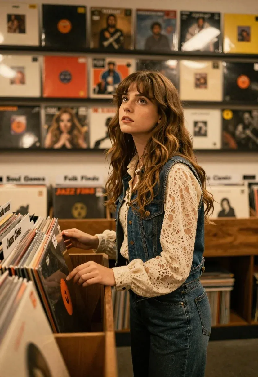 Young Woman With Long Wavy Brown Hair Stands Record Store