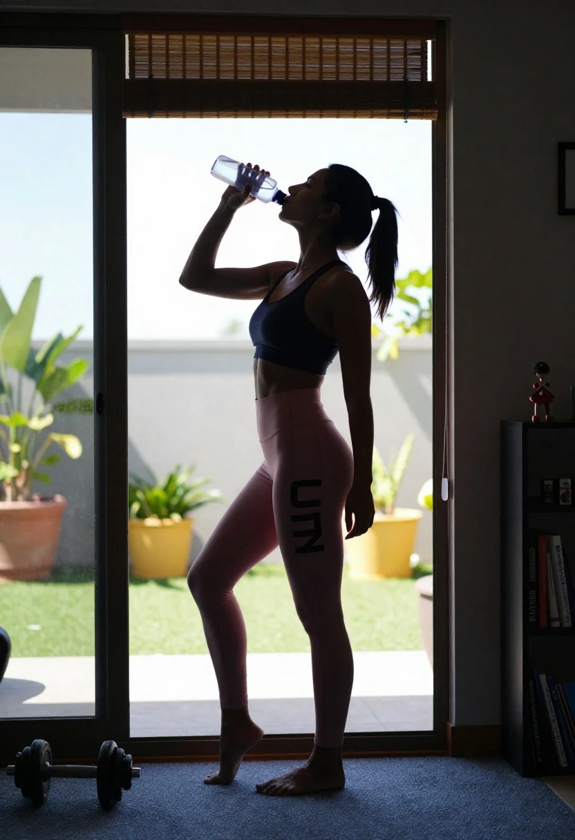 Woman Stands Profile Drinking From Water Bottle While Silhouetted Against reference photo