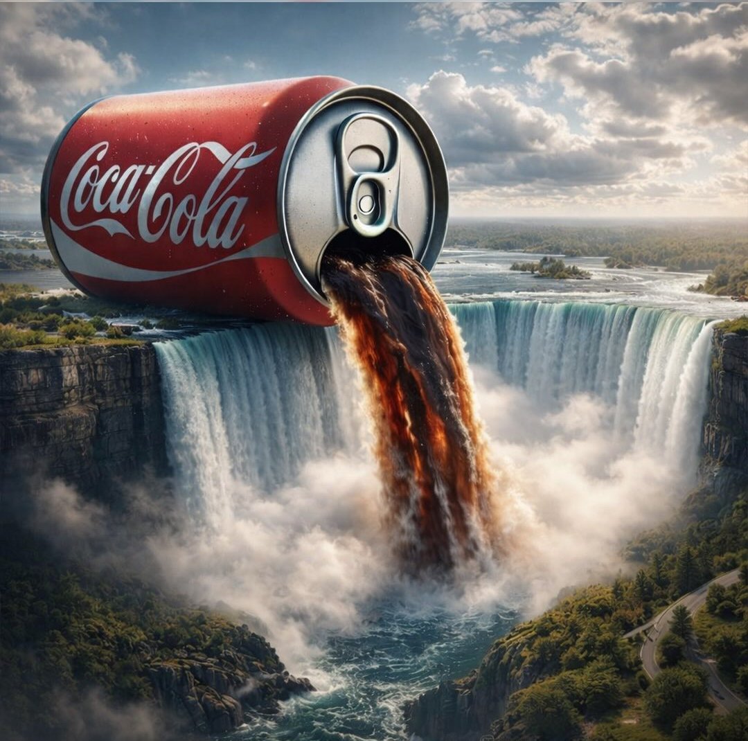 A surreal landscape featuring a giant cola waterfall cascading into a canyon, surrounded by mist and tiny trees.