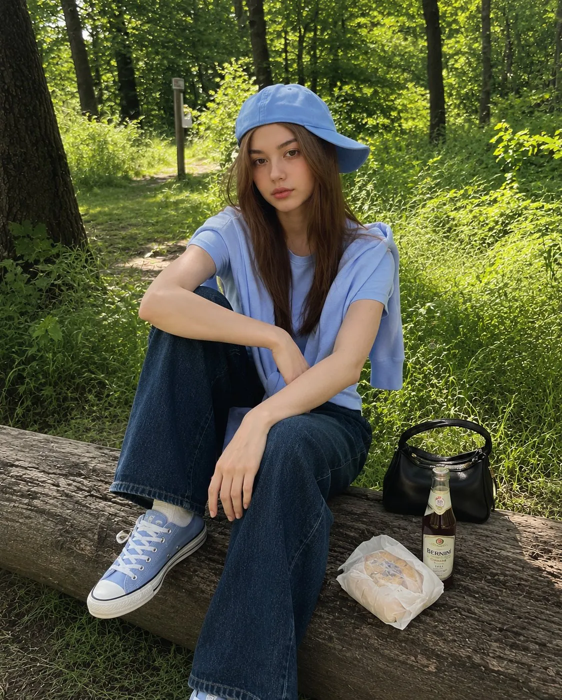 Blue Outfit On Fallen Log Forest
