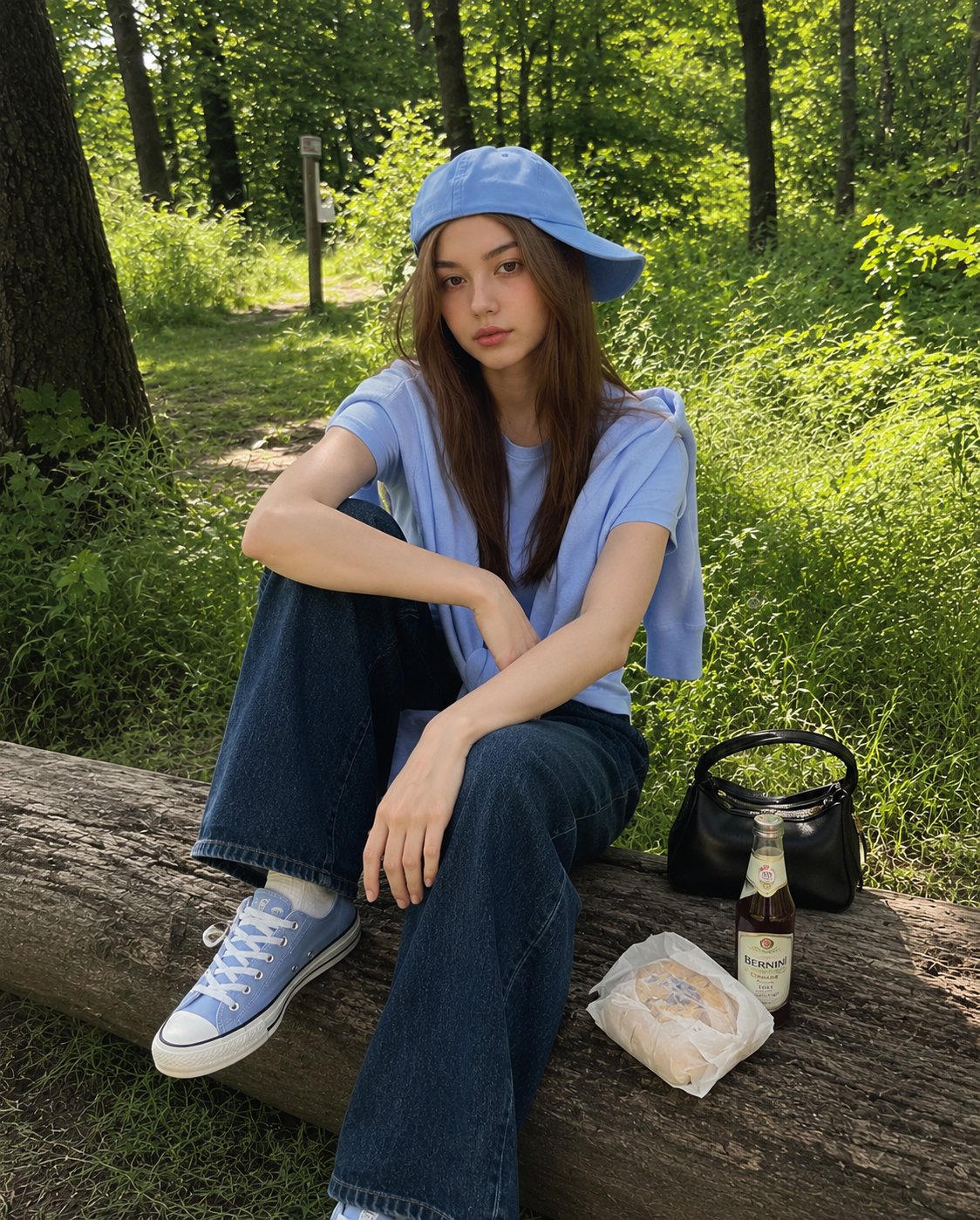 Blue Outfit On Fallen Log Forest