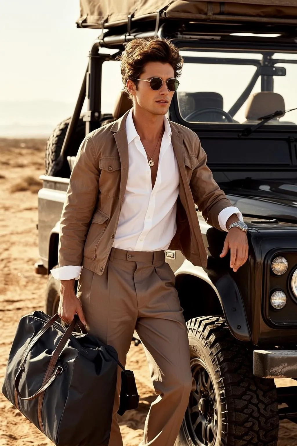 Sunglasses Necklace And Wristwatch In Desert Portrait