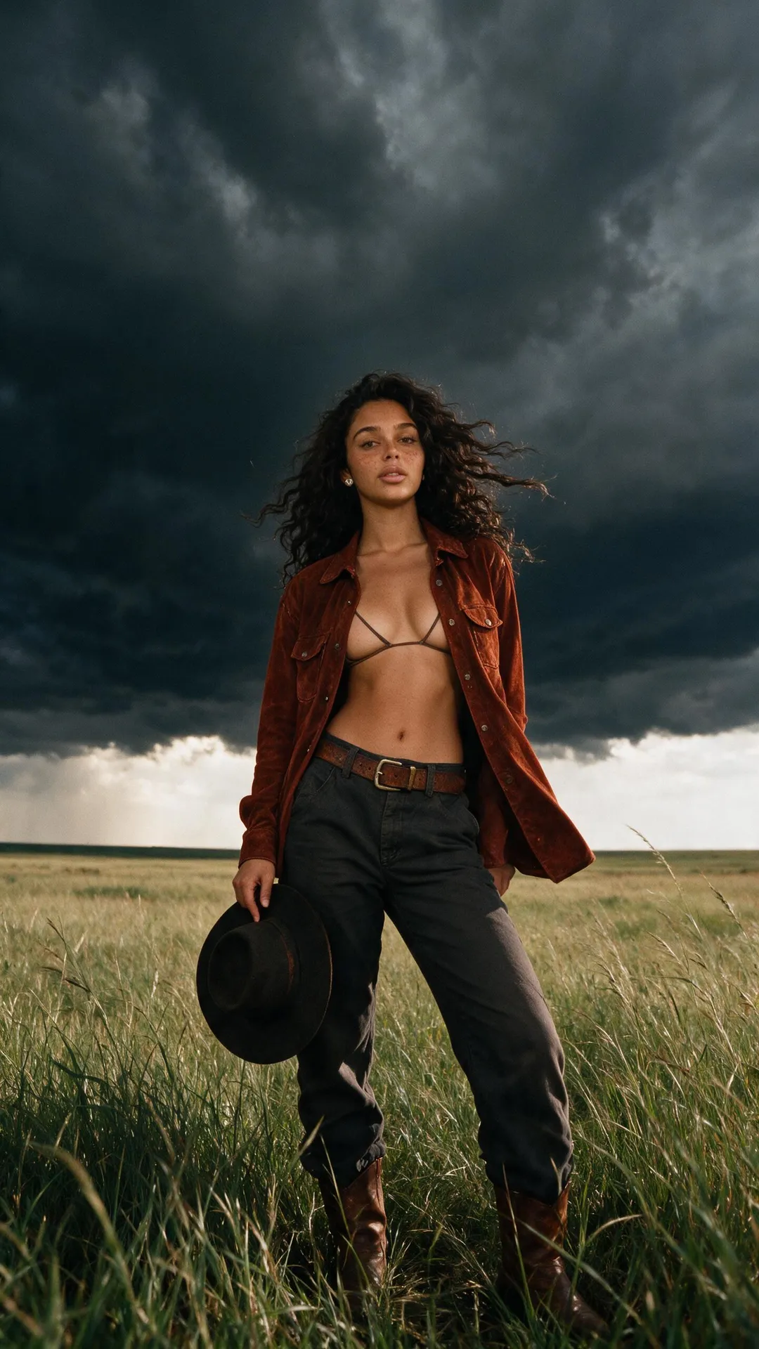 Grassy Field Storm Sky Rust Suede Shirt Cowboy Boots