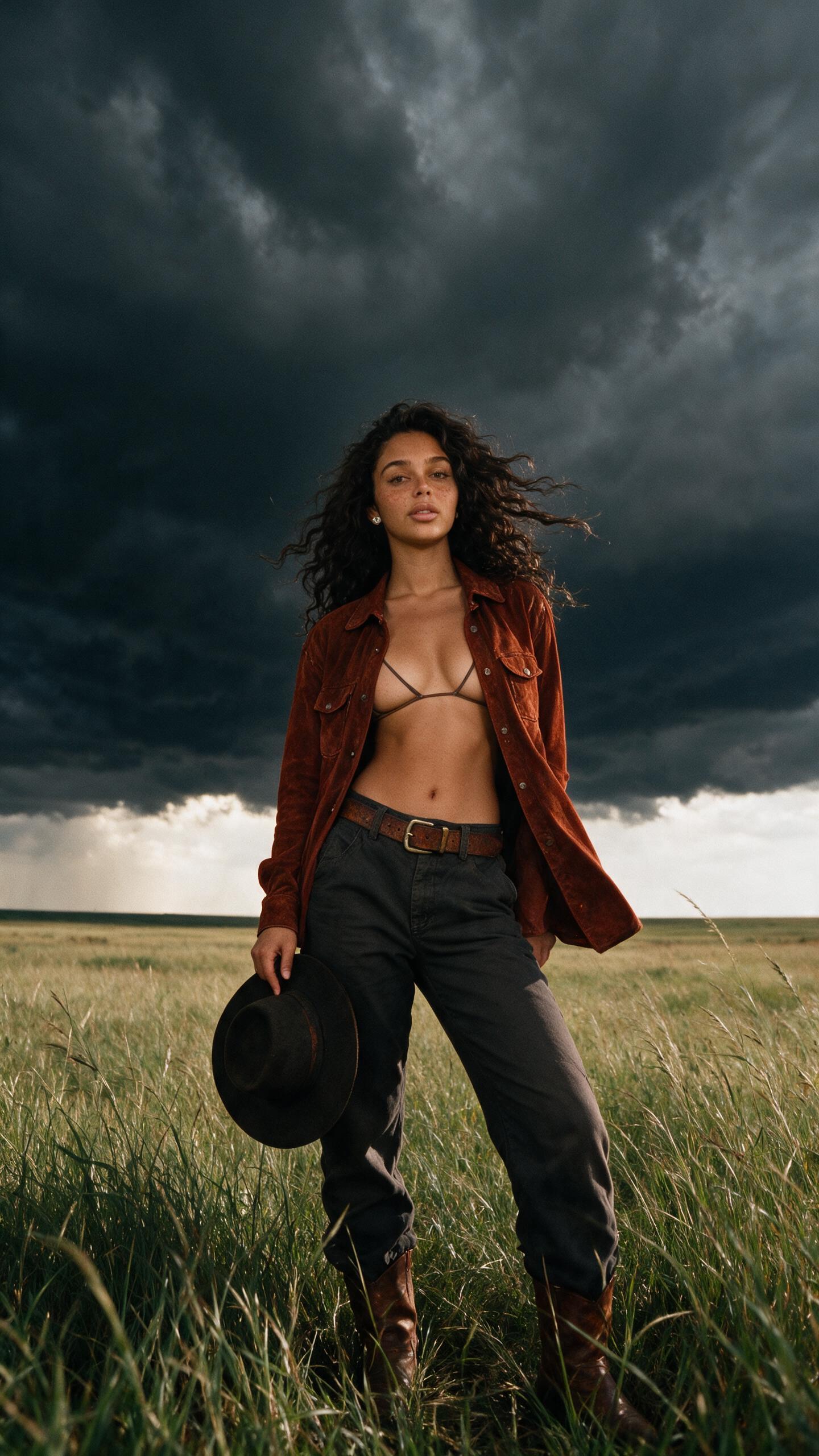Grassy Field Storm Sky Rust Suede Shirt Cowboy Boots