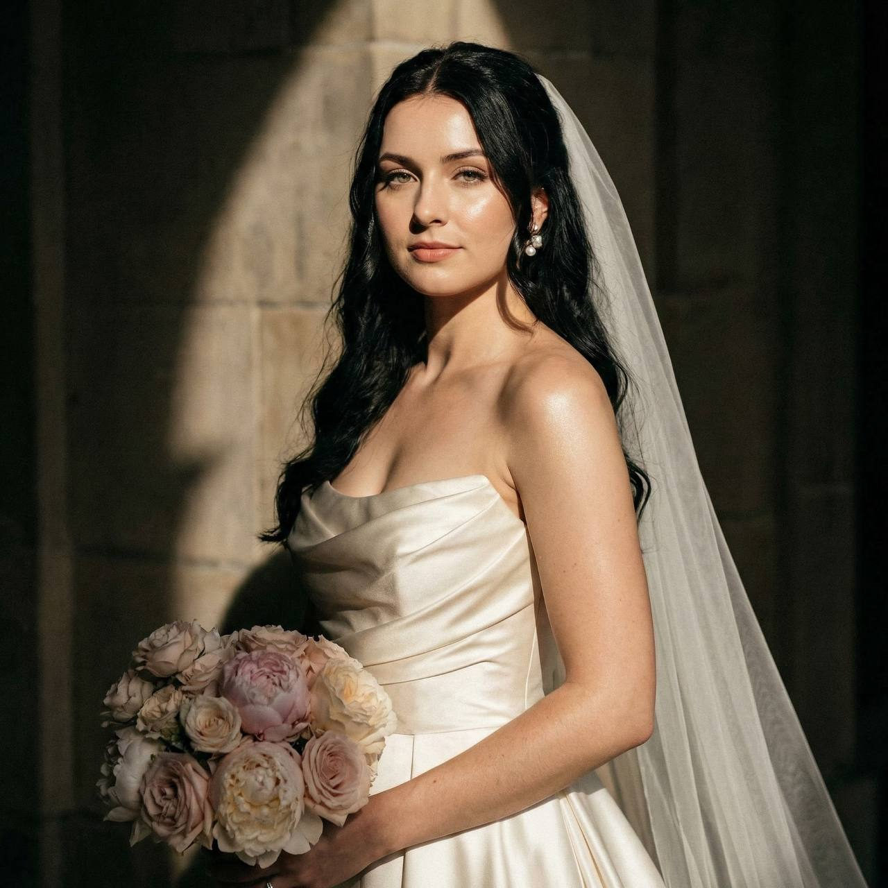 A bride in a classic strapless satin wedding dress, holding a pastel bouquet of peonies and roses, illuminated by dramatic chiaroscuro lighting.