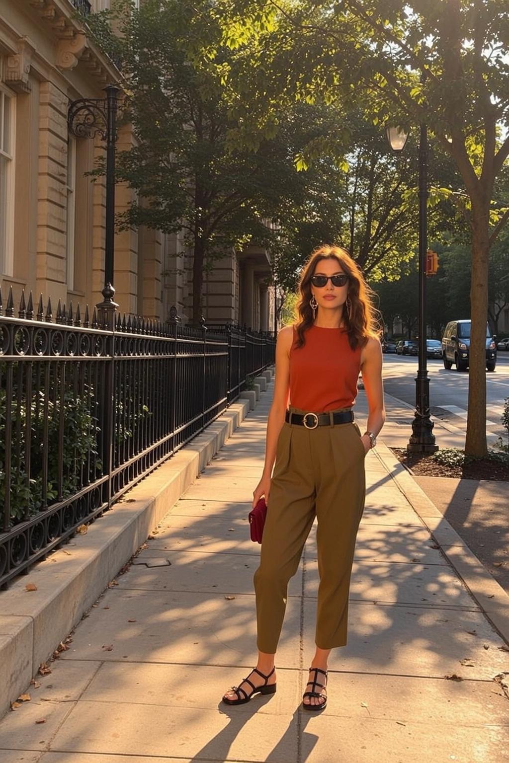 Rust Top Olive Trousers City Sidewalk Sunglasses