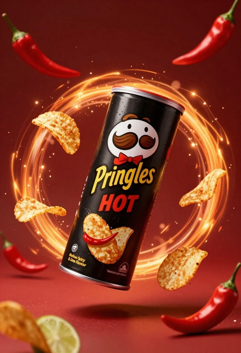 A sleek black Pringles can floating mid-air, surrounded by flying chips and chili peppers against a deep red background.