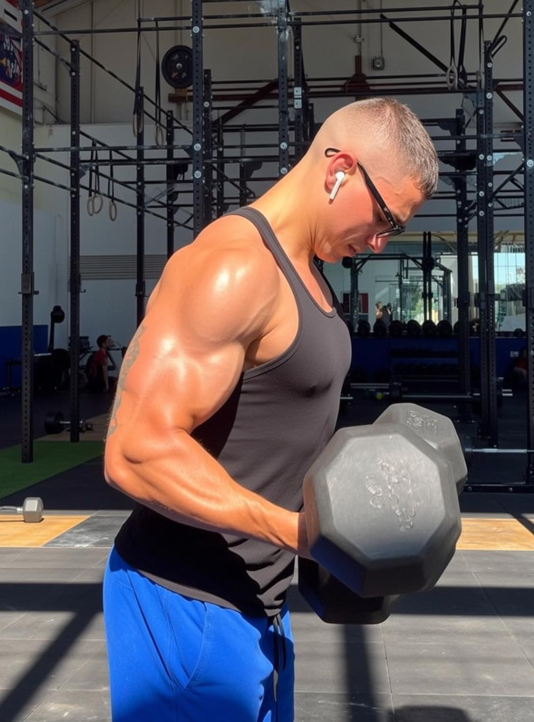 Muscular Short Buzz Cut Tan Black Tank