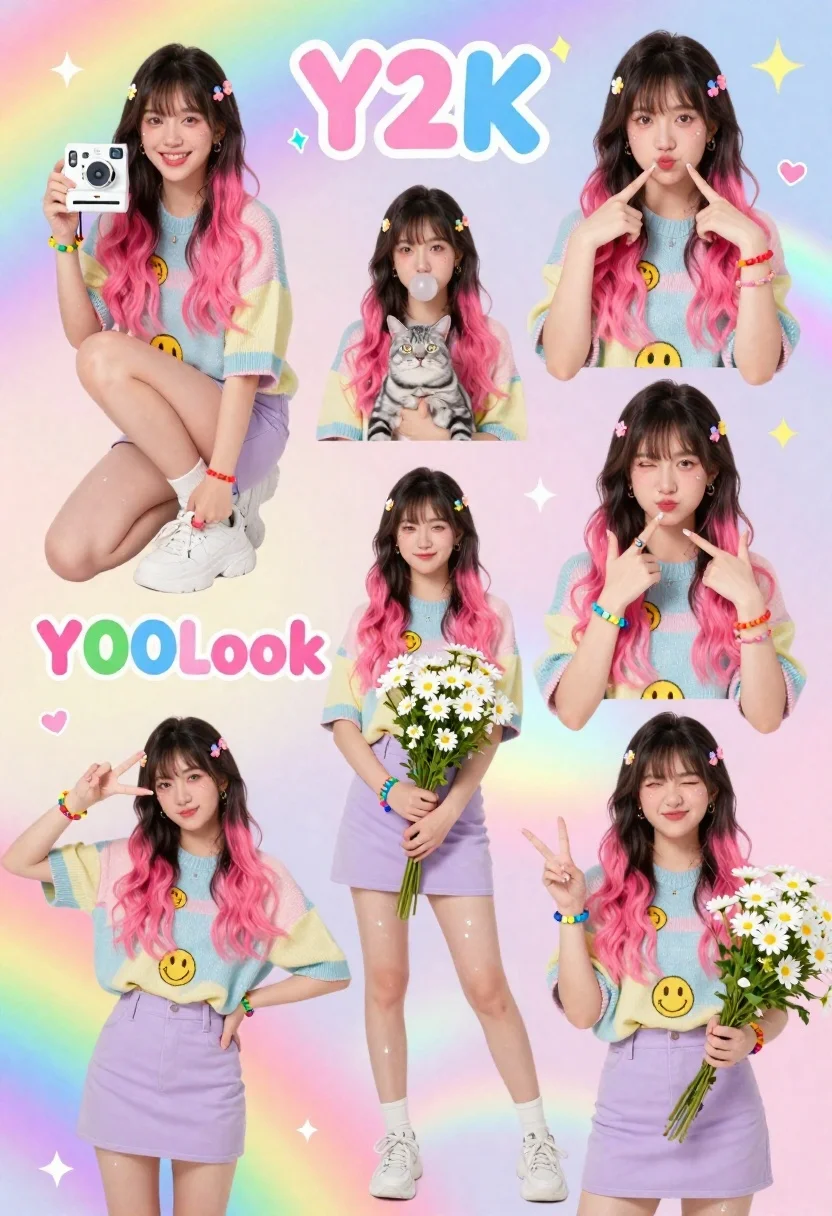 Vibrant Collage Young Woman With Pink-tipped Hair Posing Various Playful
