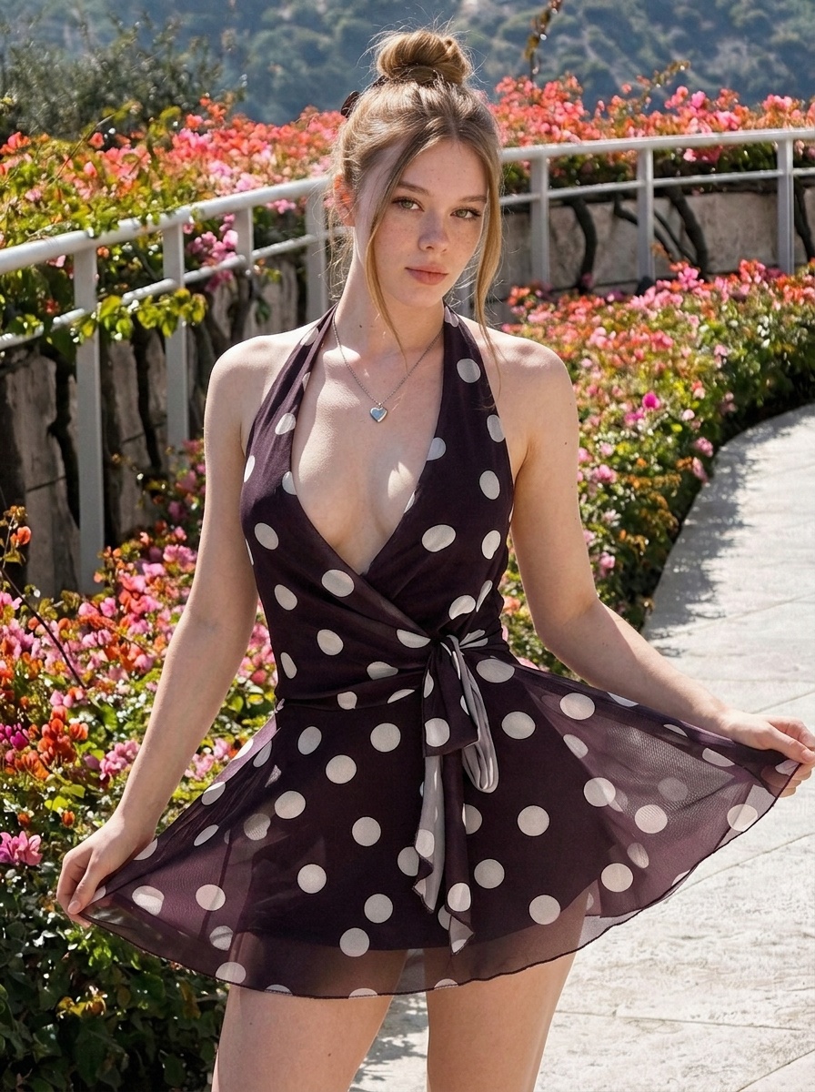 Polka Dot Dress On Garden Walkway