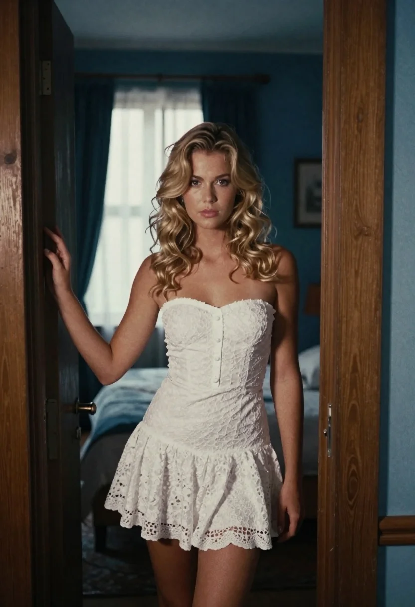 Young Woman With Wavy Blonde Hair Stands Doorway Looking Directly reference photo