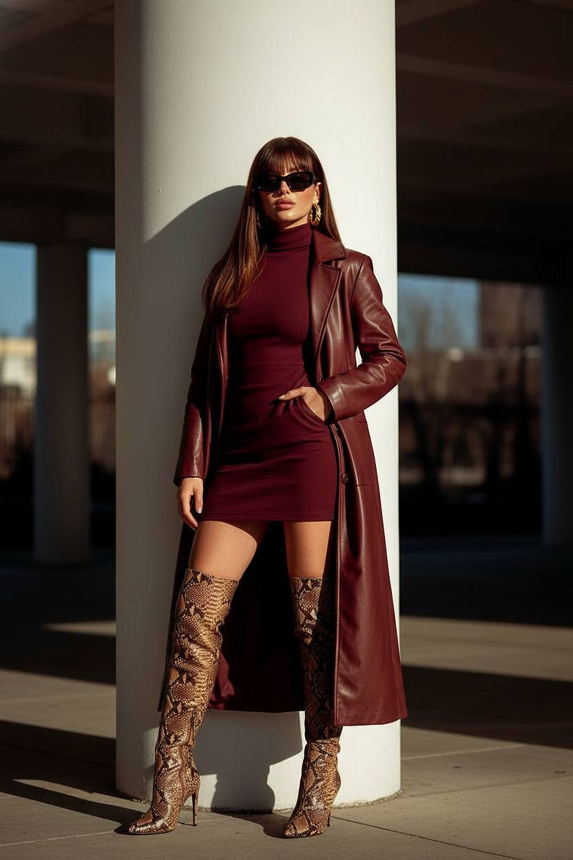 A woman in a burgundy outfit stands confidently in sunlight, one hand in pocket, exuding power beside a column.