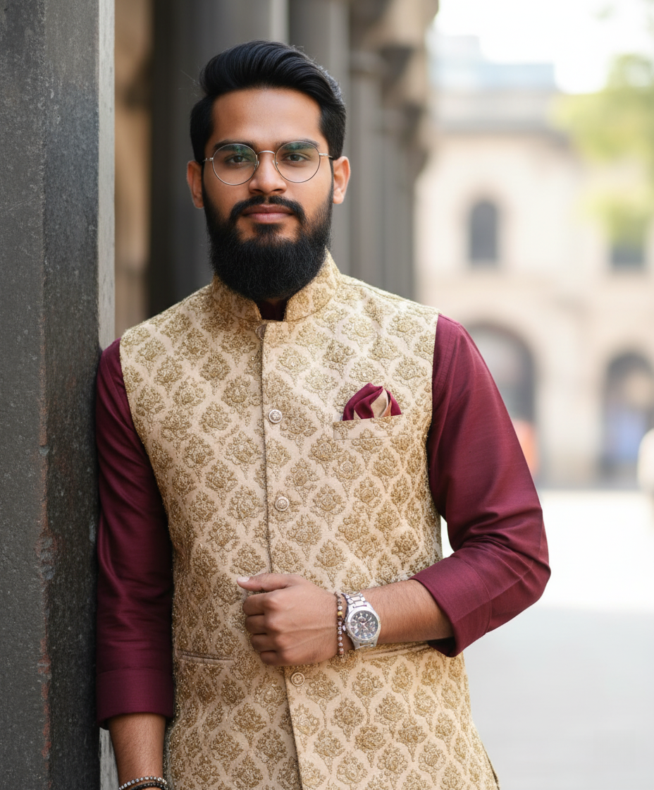 A young man in a maroon kurta and embroidered beige waistcoat, standing outdoors with blurred urban background.
