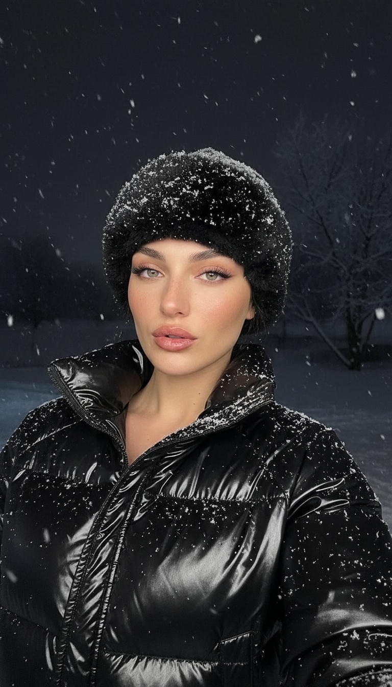 Close-up selfie of a person with snowflakes on their lashes, wearing a black faux-fur hat and a shiny puffer jacket, set against a dark night sky.