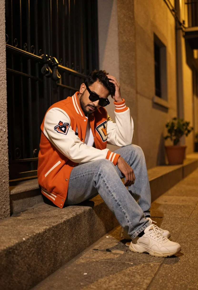 A man sits casually on a concrete ledge in an urban alleyway, illuminated by warm light with shadows in the background.