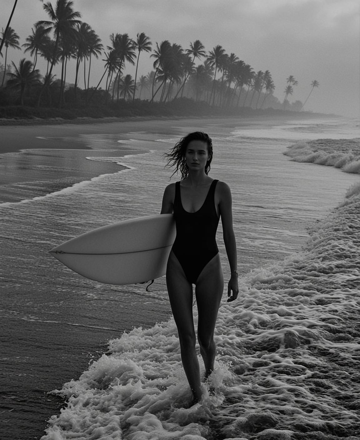 Young Woman With Wet Windblown Dark Hair Walks Along Beach