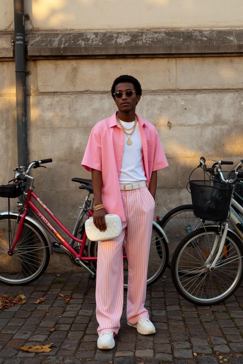 Black Man Pink Outfit Urban Street Cobblestone