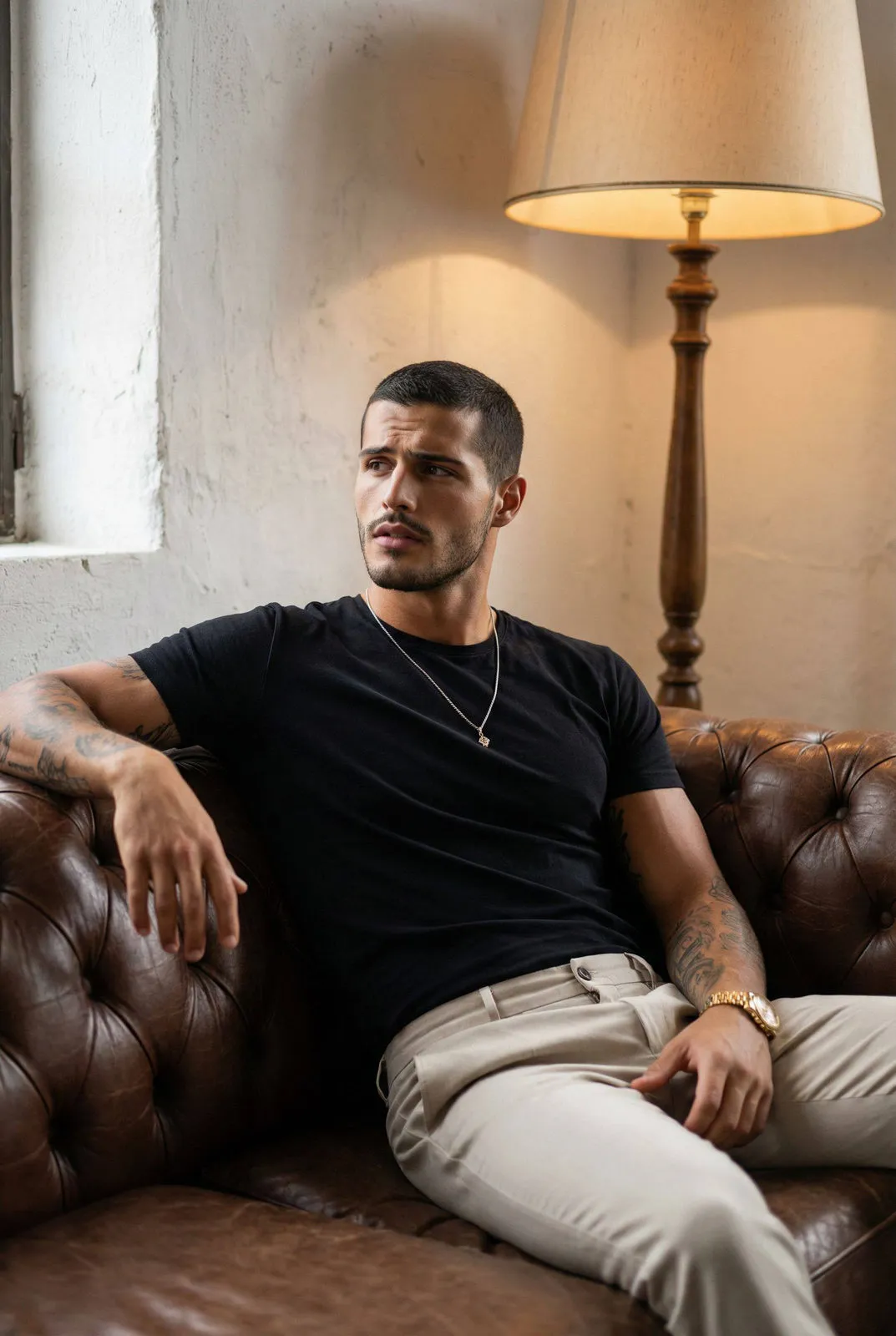 Tattoos And Necklace And Watch In Styled Portrait