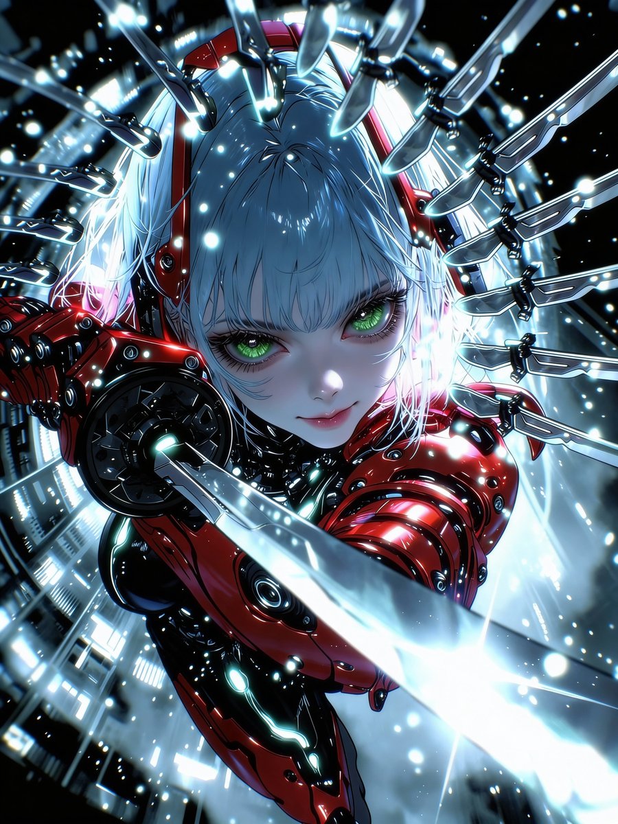 A beautiful female cyborg samurai in red armor, dynamic pose with glowing knives.