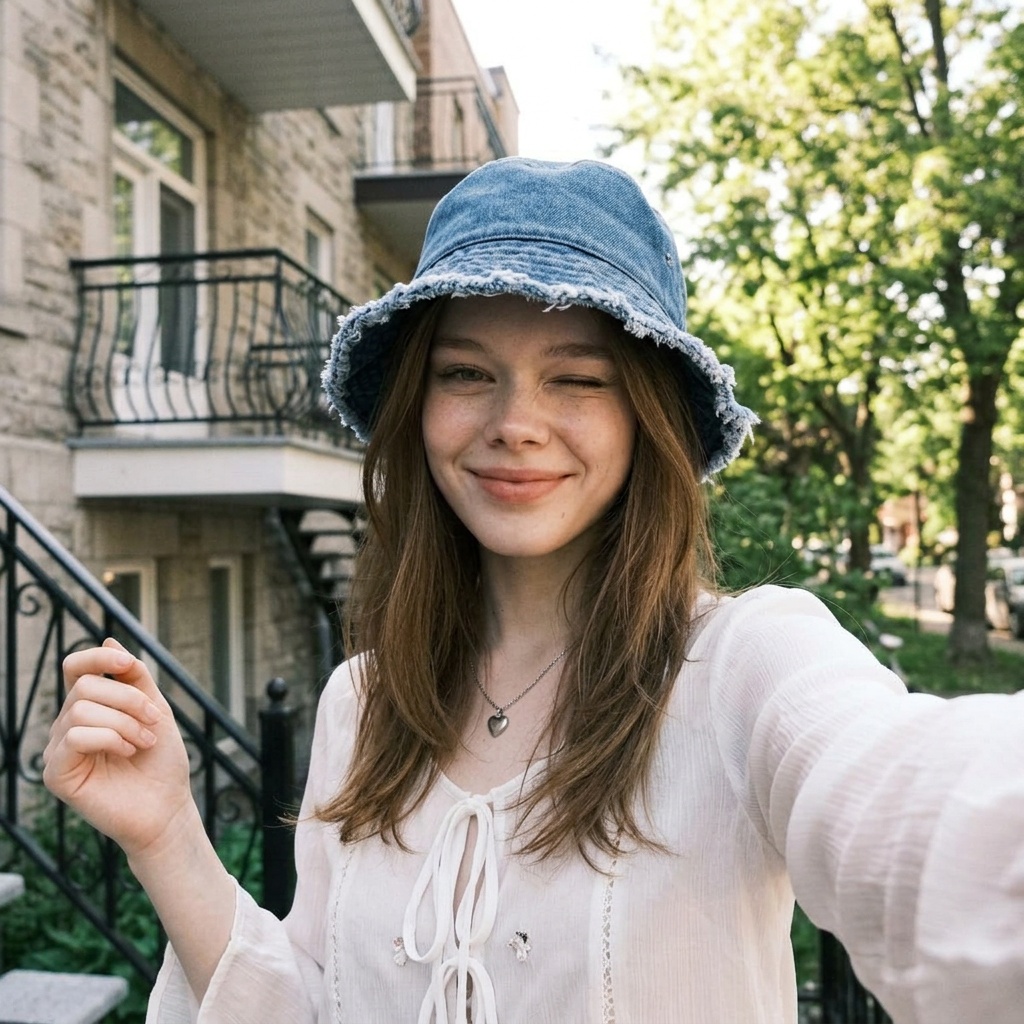 Girl Selfie Playful Summer Vacation Stone Building