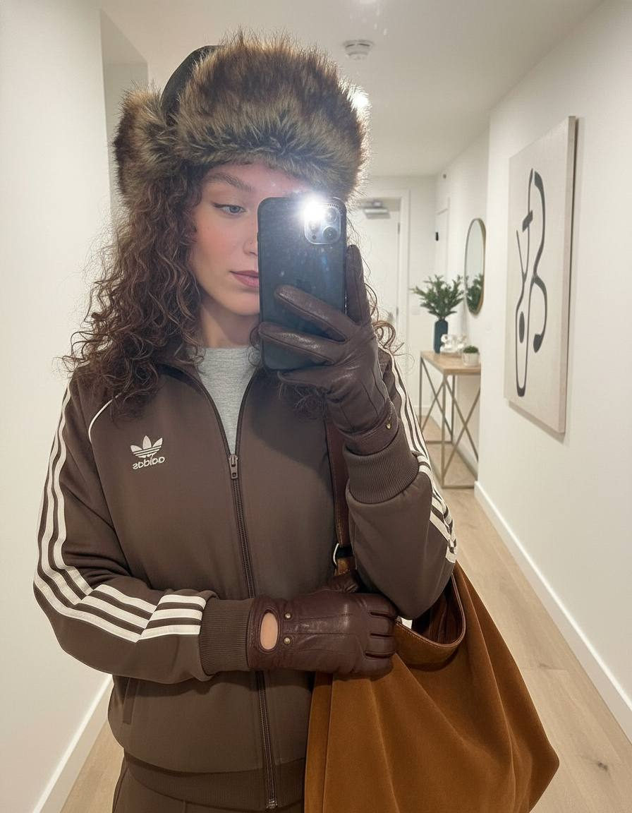 A stylish woman in a fur hat and vintage Adidas jacket taking a mirror selfie, holding a large suede leather bag in a bright apartment.