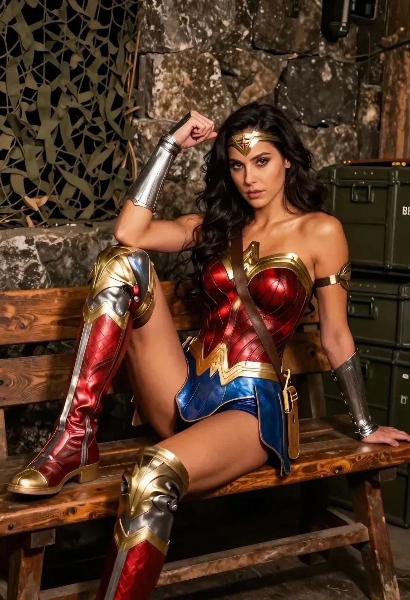 Woman Dressed Wonder Woman Sits Provocatively Wooden Bench Rustic Stone