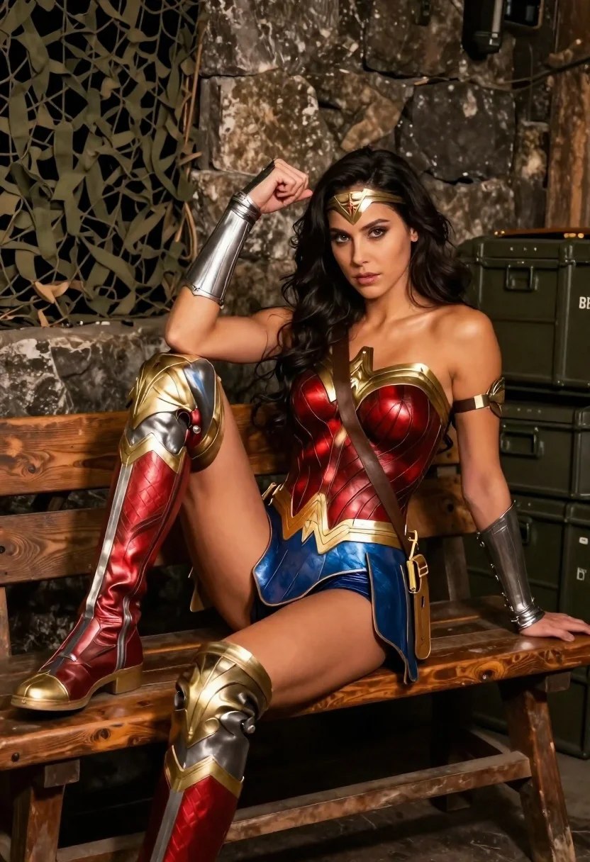 Woman Dressed Wonder Woman Sits Provocatively Wooden Bench Rustic Stone reference photo