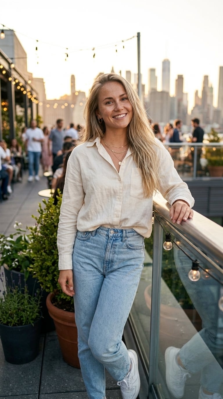 Person leaning against a railing on a rooftop terrace at sunset with NYC skyline blurred in the background.