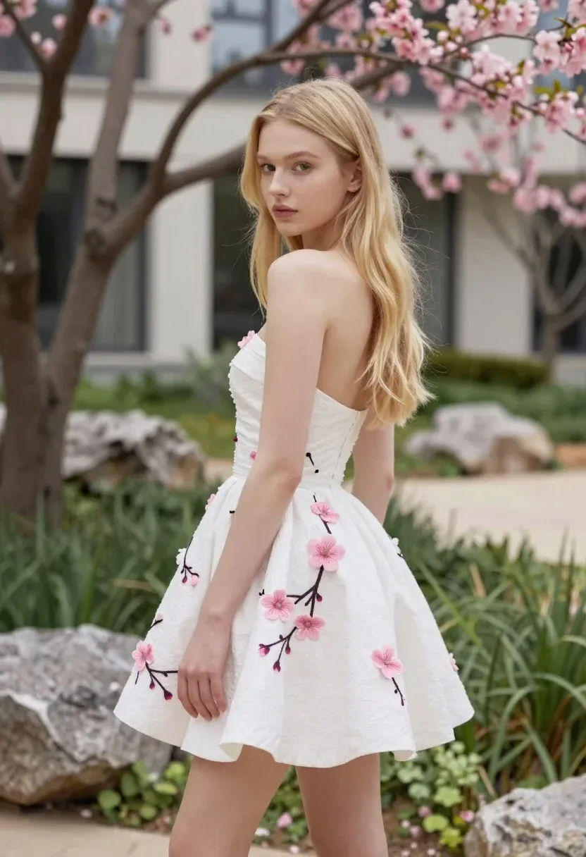 Young Woman With Long Blonde Hair Stands Garden Looking Back