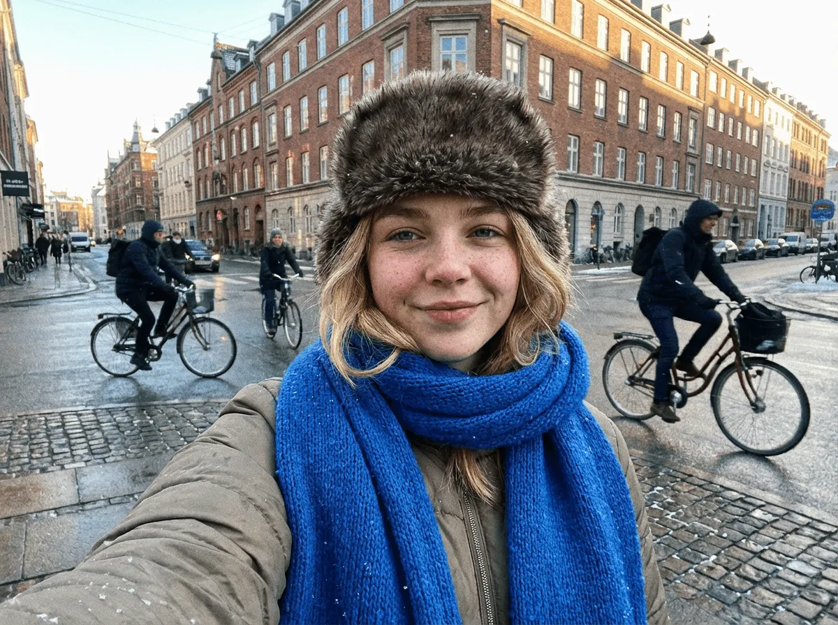 Winter City Selfie Royal Blue Scarf Olive Puffer