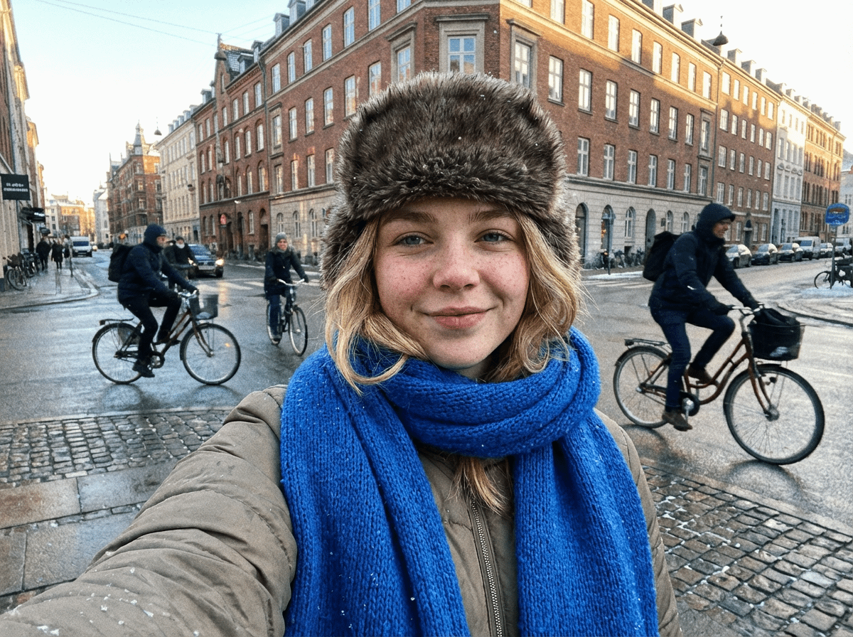 Winter City Selfie Royal Blue Scarf Olive Puffer