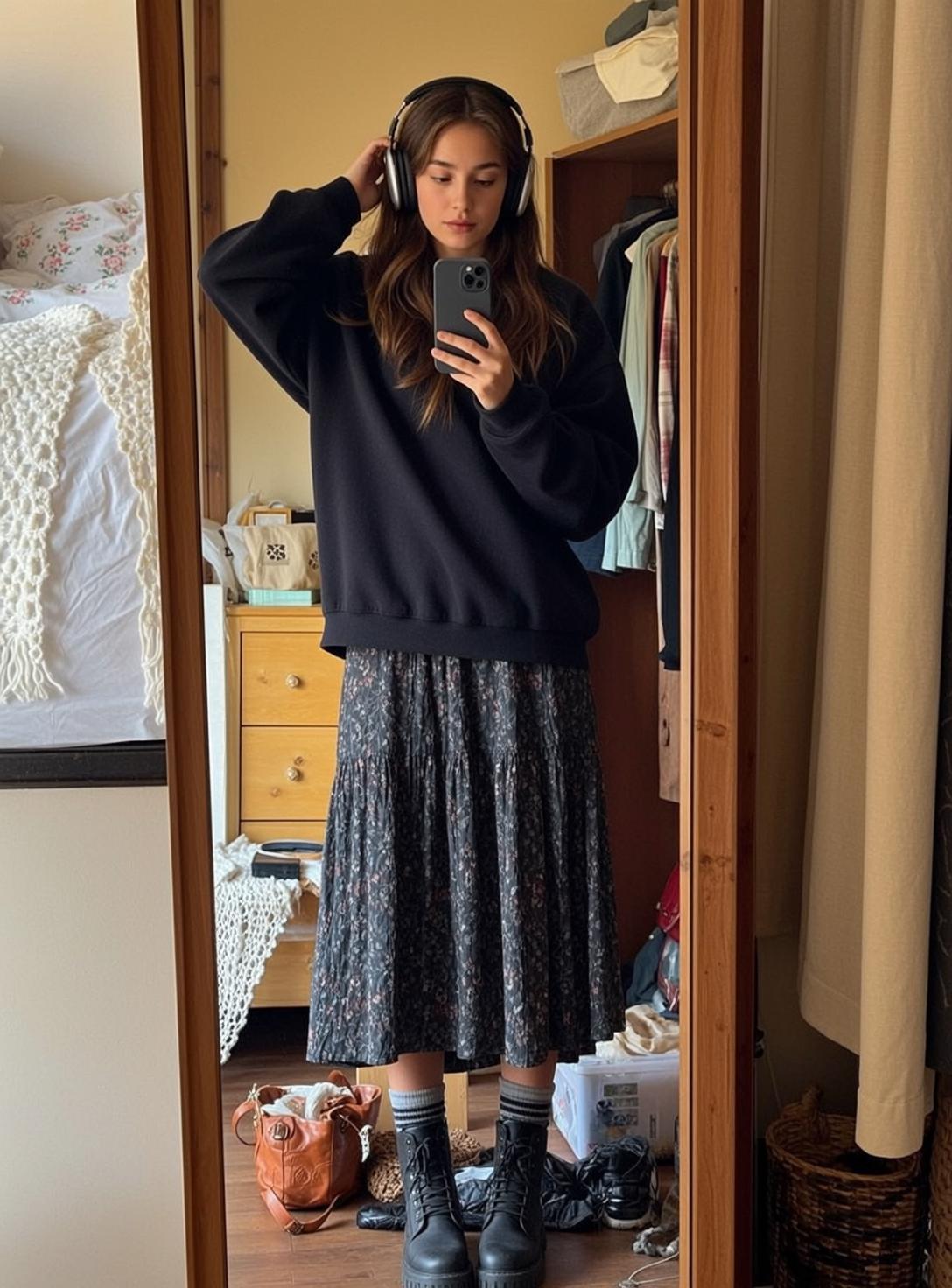 Bedroom Girl With Floral Skirt And Headphones