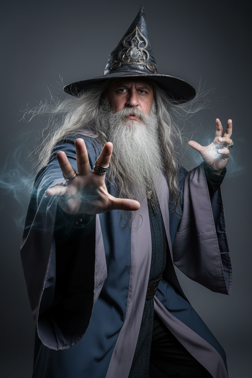 A powerful archmage casting a spell in flowing blue-gray robes, intense gaze, and dramatic studio lighting.