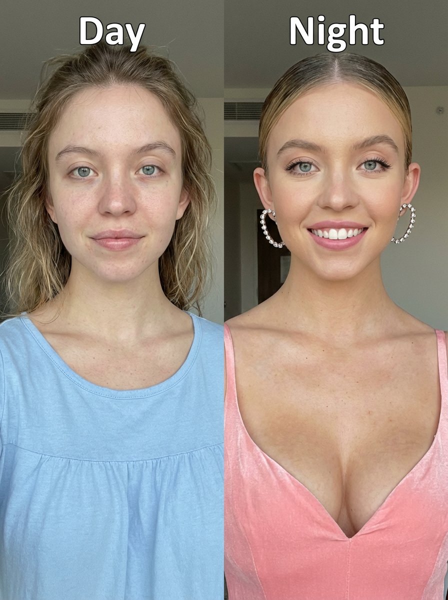 Before-and-after upper-body portrait photo of Sydney Sweeney, smiling in both im