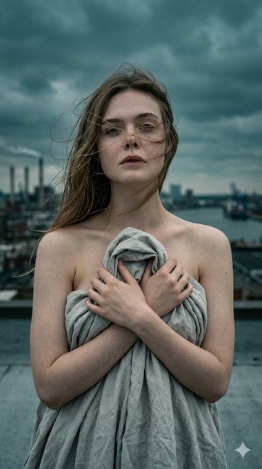 A windblown portrait of a woman on a rooftop holding grey fabric.