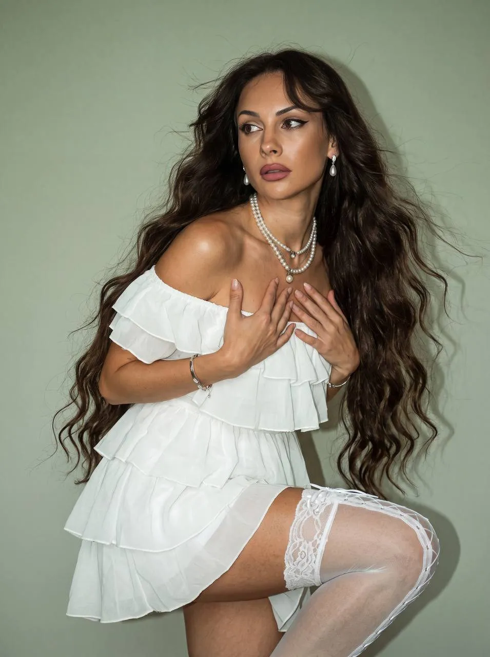 Mid Motion White Ruffle Dress Thigh High Stockings