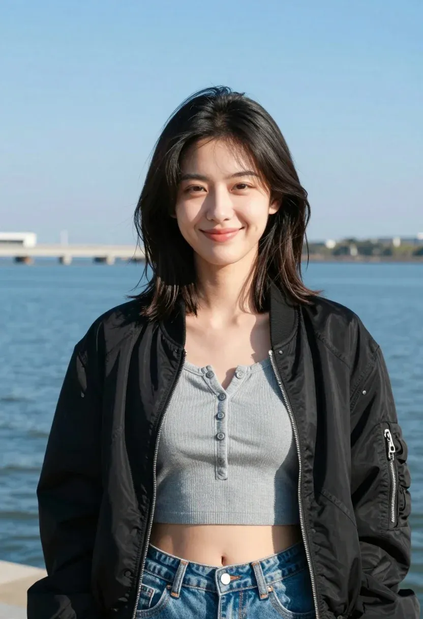 Young Woman With Dark Shoulder-length Hair Stands Smiling Gently The